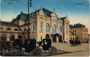 1917 Arad, pályaudvar, vasútállomás, lovaskocsik. Kerpel Izsó kiadása / railway station, horse chariots (EK)