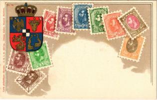 Romania - Stamps and coat of arms. Carte philatélique Ottmar Zieher No. 32. Art Nouveau litho