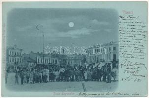 1901 Ploiesti, Ploesti, Ploesci; Piata Legumelor, Hotel Central, Joan J. Poppescu, Libraria, Mare Fabrica / square at night, shops