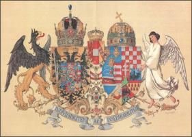Hugo Gerard Ströhl (1851-1919) után: Az Osztrák-Magyar Monarchia címere. Modern nyomat, középen hajtott, 42x29,5 cm