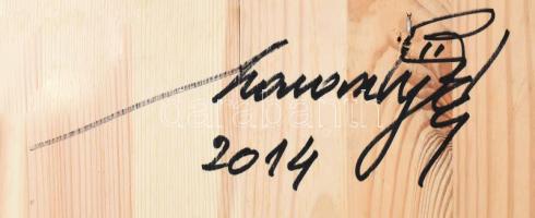 Haraszty István (1934-2022): Fogoly pumpa, 2014. Akril, fém applikáció, réz, fatábla. Jelezve lent: ...