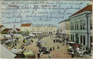 1916 Fogaras, Fagaras; Fő tér, Haner szálloda, piac, Merkúr szálloda, étterem és kávéház, üzlet. Thierfeld D. kiadása / Hauptplatz / Piata / main square, market, shops, hotel, restaurant and cafe (EK)