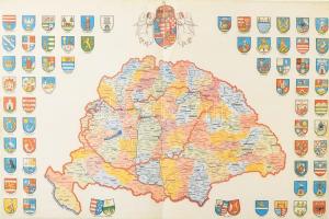 Nagy-Magyarország a történelmi címerekkel, modern nyomat, hajtva, kisebb lapszéli sérülésekkel, 49x32,5 cm