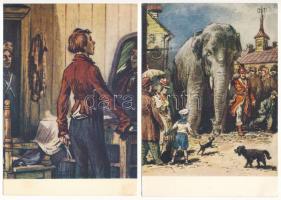 10 db MODERN orosz Mikhail Taranov grafikai állatmesék képeslap tokban / 10 modern Russian Mikhail Taranov graphic art motive postcards, animal tales in case