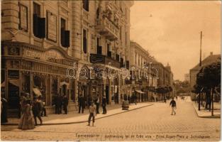 Temesvár, Timisoara; Jenő herceg tér és Erőd utca, Turul cipőgyár részvénytársaság főraktára, Temesi Agrár Takarékpénztár, orvosi és betegápolási cikkek. Uhrmann Henrik kiadása / square, street view, shoe store, savings bank, shops (képeslapfüzetből / from postcard booklet)