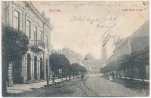 1908 Szatmárnémeti, Szatmár, Satu Mare; Hám János utca, kávéház, villamossínek. Cseplák Bálintné kiadása / street view, café, tramway (fl)