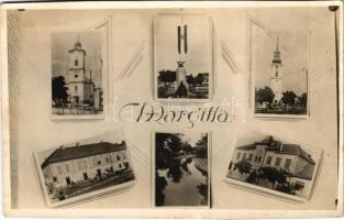 1943 Margitta, Marghita; Országzászló, templomok / Hungarian flag, churches (vágott / cut)