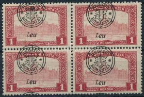 Nagyvárad 1919 Parlament 1K négyestömb elcsúszott felülnyomással / Mi 40 II. block of 4 with shifted overprint. Signed: Bodor