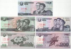 Észak-Korea 2002-2013. 5W-5000W (10xklf) MINTA felülbélyegzéssel és 0000000 sorszámmal T:UNC,AU North Korea 2002-2013. 5 Won - 5000 Won (10xdiff) with SPECIMEN overprint and 0000000 serial C:UNC,AU