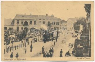 1913 Kolomyia, Kolomyja, Kolomyya, Kolomea; Rynek / square, urban railway, train (crease)