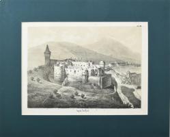 cca 1850 Vajda-hunyad vára, Erdély (Vajdahunyad). Litográfia, papír, Reiffenstein és Rosch, Bécs. 18×25 cm. paszpartuban Egyik sarkon hajtásnyom / Lithograph in paspartu with dog ear