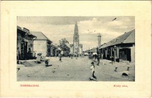 1912 Marosludas, Ludosul de Mures, Ludus; Király utca, Római katolikus templom, Goldstein Salamon és Társa üzlete. W.L. Bp. 6407. Glück József kiadása / street view, church, shops