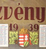 1939 Részvény Sör, nagyméretű falinaptár, Hollós Endre (1907-1946) grafikája, restaurált, 94×63 cm