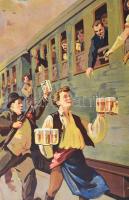 1939 Részvény Sör, nagyméretű falinaptár, Hollós Endre (1907-1946) grafikája, restaurált, 94×63 cm