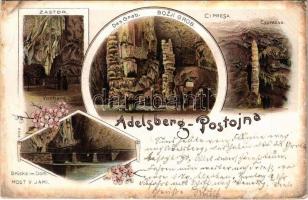 1897 (Vorläufer!) Postojna, Adelsberg; Zastor, Bozji Grob, Cipresa, Most v Jami / cave interior. Art Nouveau, floral, litho (EB)