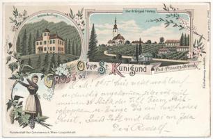 1898 (Vorläufer) Kungota, Sankt Kunigund; Ober St. Kunigund, Schloss St. Georg / castle, church. Kunstanstalt Karl Schwidernoch Art Nouveau, floral, litho