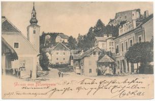 1900 Planina pri Sevnici, Montpreis; street, castle ruins, church (fl)