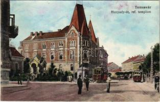 Temesvár, Timisoara; Hunyady út, református templom, villamosok. Polatsek kiadása / street view, church, trams