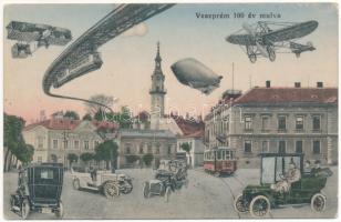 1913 Veszprém, 100 év múlva a jövőben / in the future montage + BALATONALMÁDI-ÖREGHEGY M.Á.V. vasúti mozgóposta