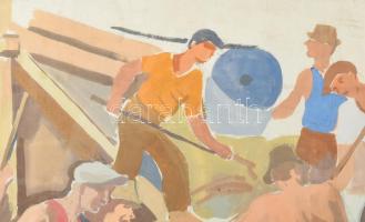 Gábor Jenő (1893-1968): Építkezés. Tempera, papír. Jelezve jobbra lent. Üvegezett fakeretben. 52x65 ...