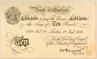 Nagy-Britannia 1938. 10Ł a második világháborús Bernhard művelet hamis bankjegye K199 01599, szokásos tűnyommal T:F fo. / Great Britain 1938. 10 Pounds fake banknote of Operation Bernhard in World War II, K199 01599, with the usual pinholes C:F spotted