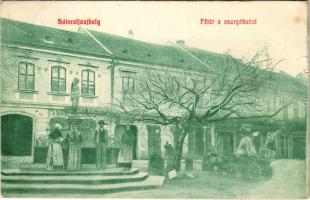 1915 Sátoraljaújhely, Fő tér, csorgókút, Szabó Vince üzlete, dohány és szivar bolt. Lővy Adolf kiadása (EK)