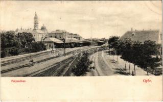 1908 Győr, pályaudvar, vasútállomás, vonatok. Berecz Viktor kiadása (EK)