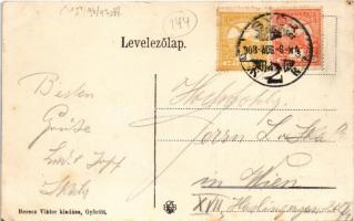 1908 Győr, pályaudvar, vasútállomás, vonatok. Berecz Viktor kiadása (EK)