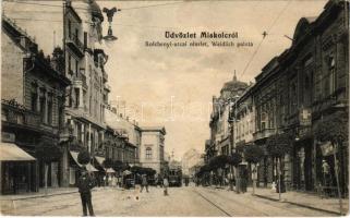 1914 Miskolc, Széchenyi utca, Weidlich palota, villamos, Pesti biztosító intézet, üzletek, Apolló színház, mozi. Grünwald Ignác kiadása (gyűrődés / crease)