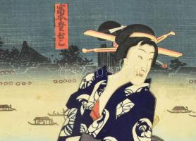 Utagawa Toyokuni (1769-1825): Hölgy kék kimonoban. Színes japán fametszet, papír, jelzett a metszete...