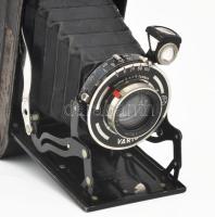 cca 1930 Gauthier Calmbach Vario fényképezőgép, kopott állapotban, kopott bőr tokjában