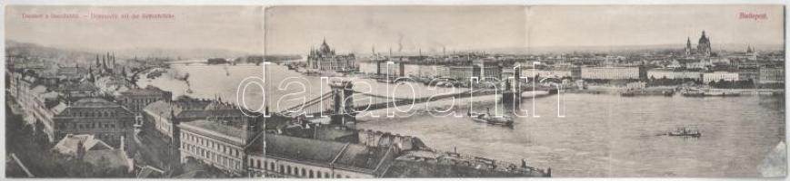 1906 Budapest, Látkép az épülő Lánchíddal. Kihajtható 3-részes panorámalap, Divald Károly 1906. 49. / foldable 3-tiled panoramacard (r)