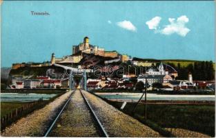 Trencsén, Trencín; vár, vasúti híd. Wertheim Zsigmond kiadása / castle, railway bridge