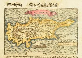 1562 Ciprus színezett fametszetű térképe állatábrázolással. Megjelent: Sebastian Münster: Cosmograph...