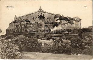 Zólyom, Zvolen; vár, gőzmozdony. Vasúti levelezőlapárusítás 350. / castle, locomotive (EK)