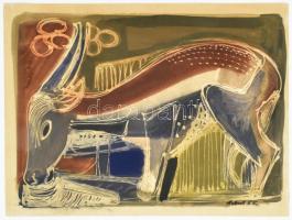 Heinrich Schwarz (1903-1977): Antilop, 1955. Olaj, papír. Jelezve jobbra lent. Hátoldalán autográf felirattal 36x48 cm. Tagja volt a berlini Der Ring művész egyesületnek.Pályája az ötvenes években teljesedett ki.1955-ben 1957-ben és 1959-ben is részt vett a Nagy Berlini Művészeti Kiállításon. Művei (szobrai, domborművei, falfestményei) számtalan német városban megtalálhatók. Német aukciósházak forgalmazták képeit. Nemzetközileg is ismert művész. / Heinrich Schwarz (1903-1977), German artist: oil on paper, signed, with autograph description on the reverse