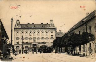 1915 Budapest III. Óbuda, Fő tér, villamos, Takarékpénztár, Reb Károly üzlete (EK)