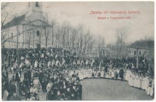 1910 Gyömrő, Március 15. népünnepély Gyömrőn, az Erzsébet lak előtt zajlik a Kossuth Lajos szobor leleplezési ünnepsége. Az 1848-49-es magyar szabadságharc és forradalom hőseire emlékeznek, tömeg. Klopfer A. kiadása (Rb)