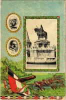 1916 Budapest I. Szent István szobor. Magyar zászlós hazafias keret II. Vilmos császárral, I. Ferenc Józseffel és katonákkal. Art Nouveau (EK)