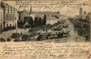 1900 Debrecen, Piac utca, Debreczeni Helyi Vasút Rt. (DHV) kisvasútjával, városi vasút, vonat, üzletek (fa)