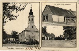 1912 Várdomb (Tolna), római katolikus templom és iskola, körmenet, Willy Mátyás vegyeskereskedés üzlete és saját kiadása (EK)