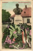 1908 Szeghalom, Kossuth szobor megkoszorúzva magyar szalagokkal