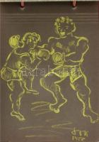 Olvashatatlan jelzéssel: 13 db db grafika (karikatúrák, stb.), albumlapokra rajzolva. Kréta, karton. Harántalakú, zsinórfűzéses albumban, 15x21,5 cm