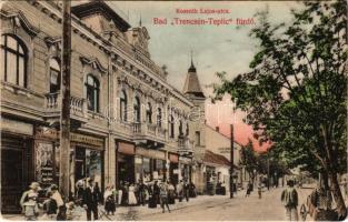 Trencsénteplic, Trencianske Teplice; Kossuth Lajos utca, Rehák Stefánia kávéház, Messinger kávéháza és étterem. Wertheim Zsigmond kiadása / street, cafe and restaurant (fl)