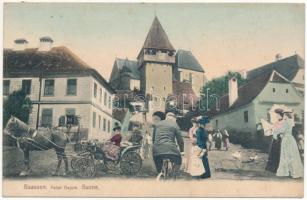 1906 Bázna, Báznafürdő, Felsőbajom, Bad Baassen, Baiumul de Sus; Montázs lovashintóval és kerékpárral. Fritz Guggenberger kiadása / Montage with horse chariot and bicycle + &quot;BRASSÓ-BUDAPEST 15. SZ.&quot; vasúti mozgóposta