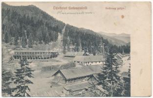 Gelence, Ghelinta; fűrésztelep sodronypályával. Bogdán A. fényképész kiadása / sawmill with ropeway transport (EK)