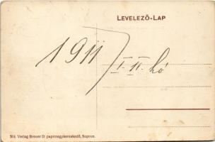 1911 Sopron, Erzsébet utca, villamos, "Vadászati kiállítás" reklámja egy hirdetőoszlopon. ...