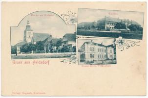 Höltövény, Heldsdorf, Halchiu; Kirche mit Rathaus, Kaserne, Evang. sächs. Volksschule / Templom és városháza, laktanya, evangélikus szász iskola. Gagesch Kaufman / church and town hall, military barracks, Lutheran Saxon school. Art Nouveau, floral