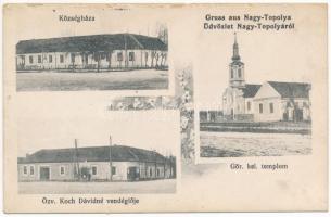 Nagytopoly, Topolovatu Mare (Temes, Timis); Községháza, Görögkeleti templom, Özv. Koch Dávidné vendéglője, étterem / town hall, Greek Orthodox church, restaurant (felszíni sérülés / surface damage)