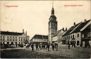 1912 Nagyszombat, Tyrnau, Trnava; Ferencz József tér, Bauer Károly üzlete. Guczmann Testvérek kiadása / square, shops (Rb)